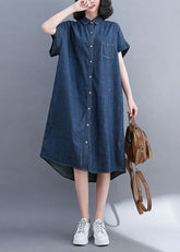 Vestido camisero de algodón azul con bolsillo extragrande y manga corta